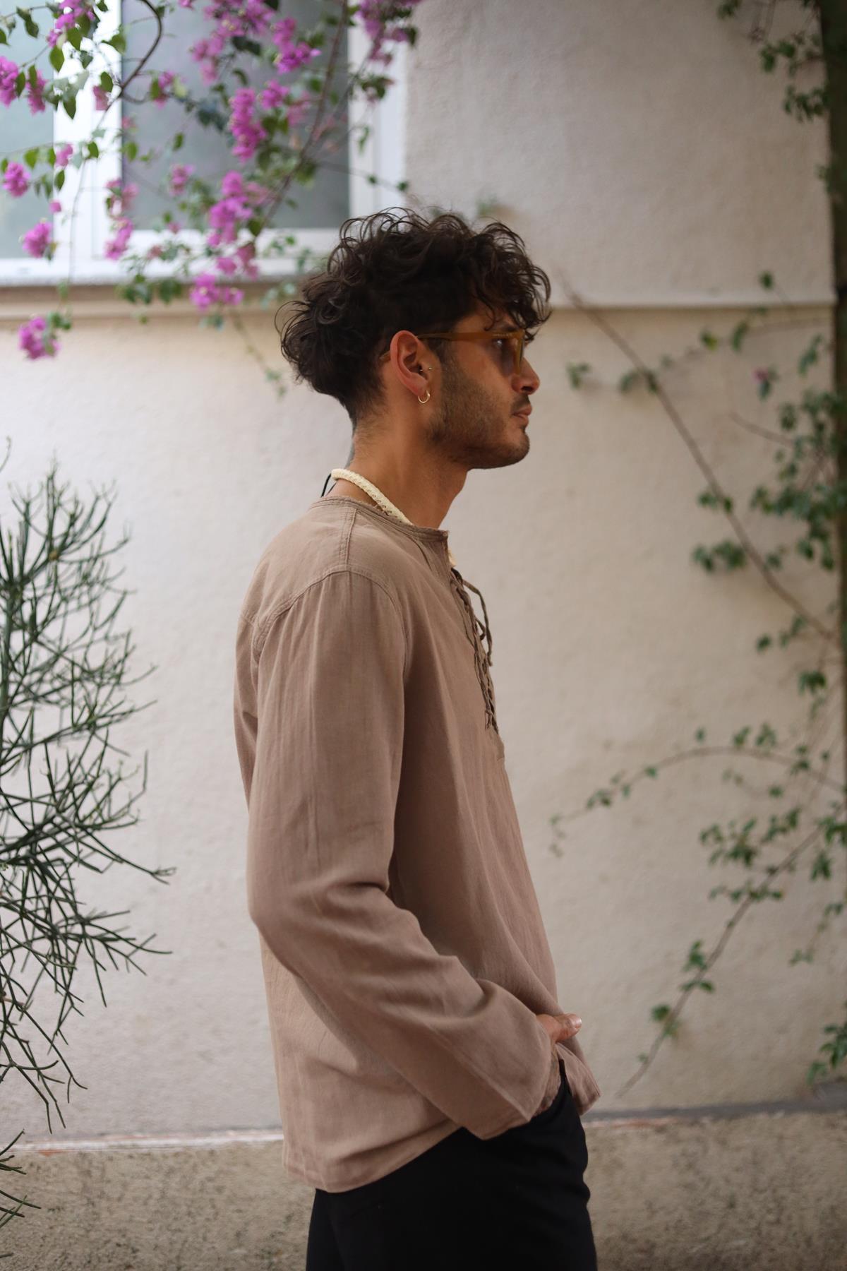 Mink Color Lace-Up Bohemian Men's Shirt