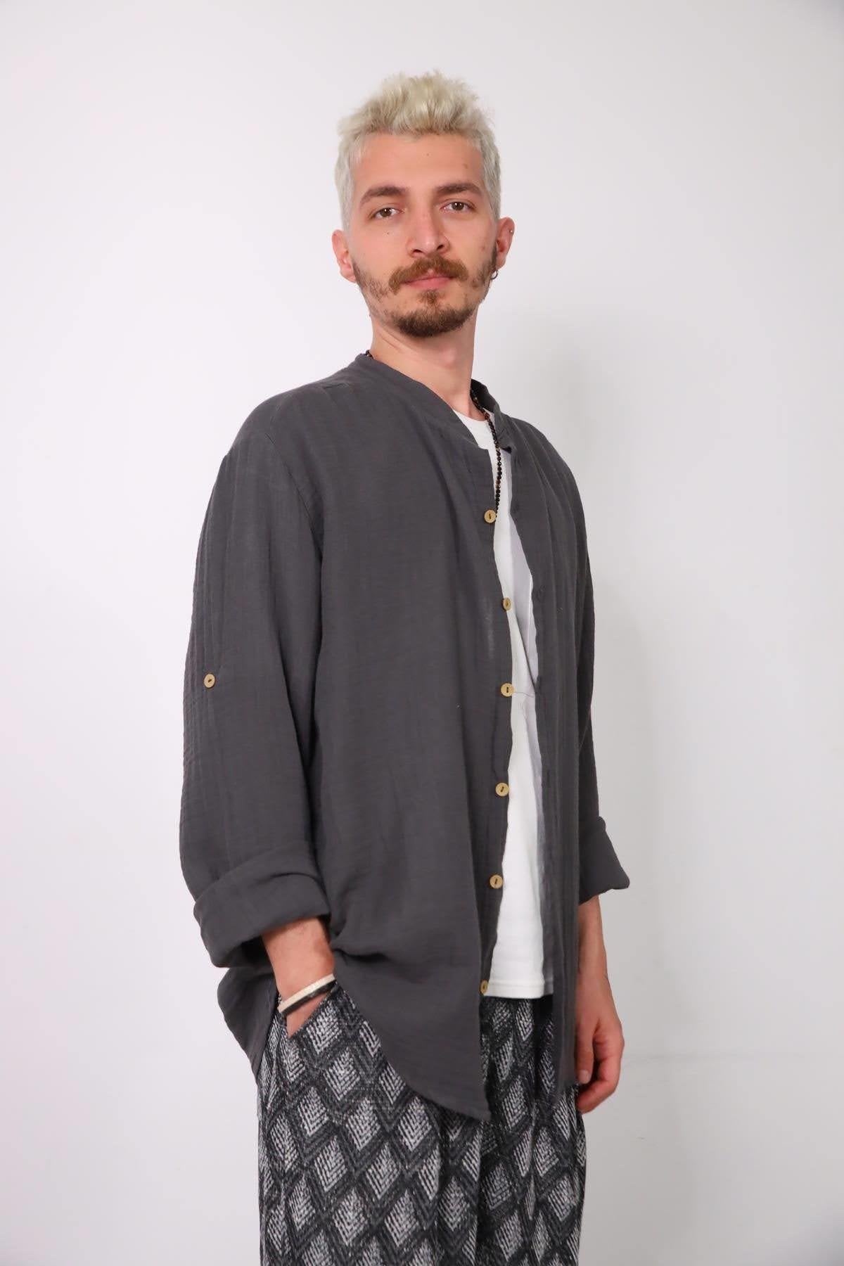 Anthracite Mandarin Collar Muslin Shirt