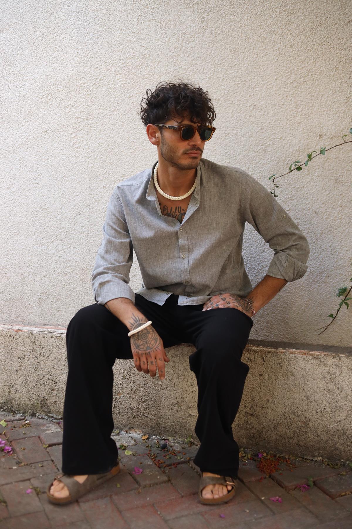 Gray Mandarin Collar Long Sleeve Men's Linen Shirt