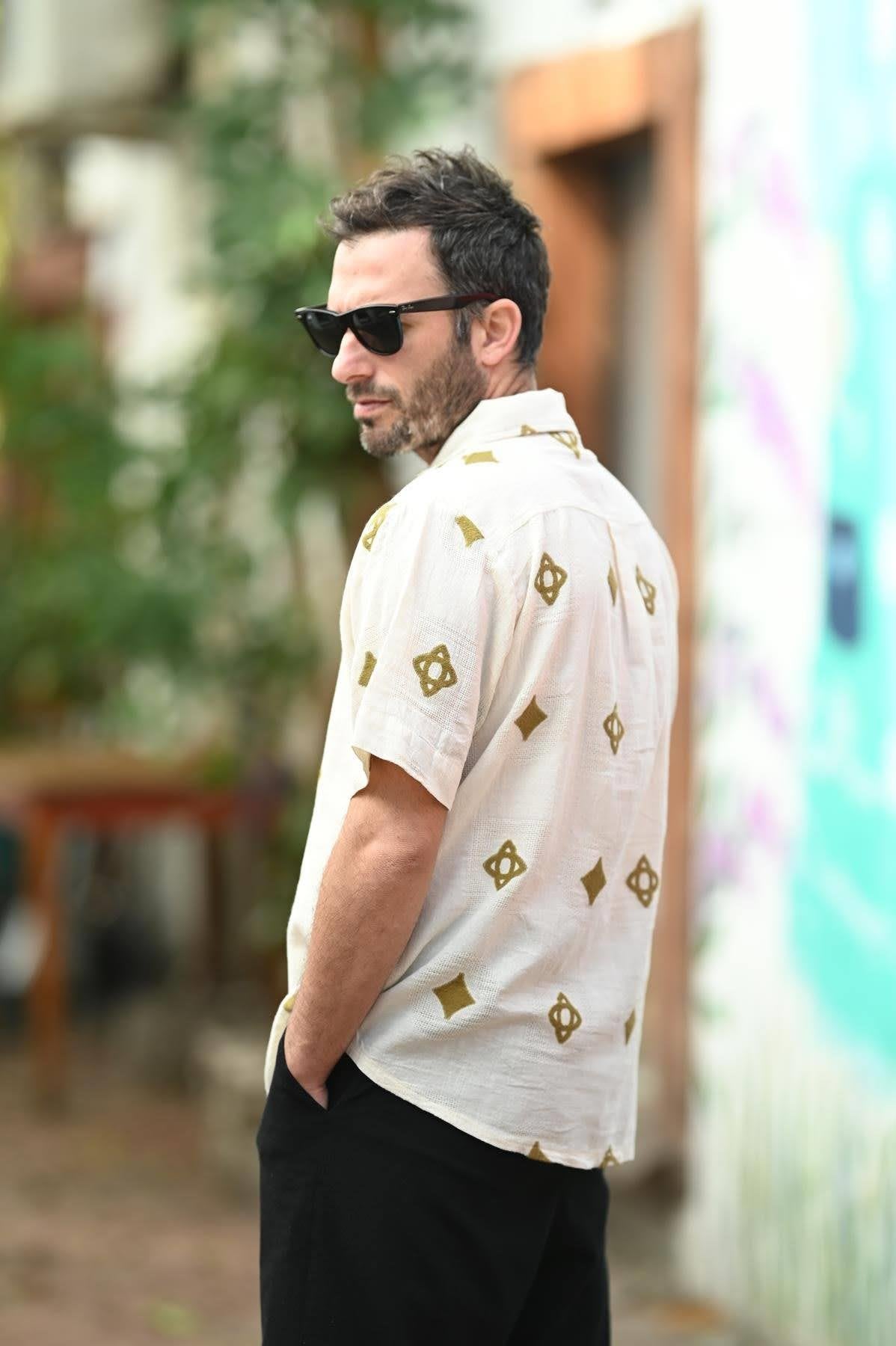 Cream Bordered Short Sleeve Men's Shirt