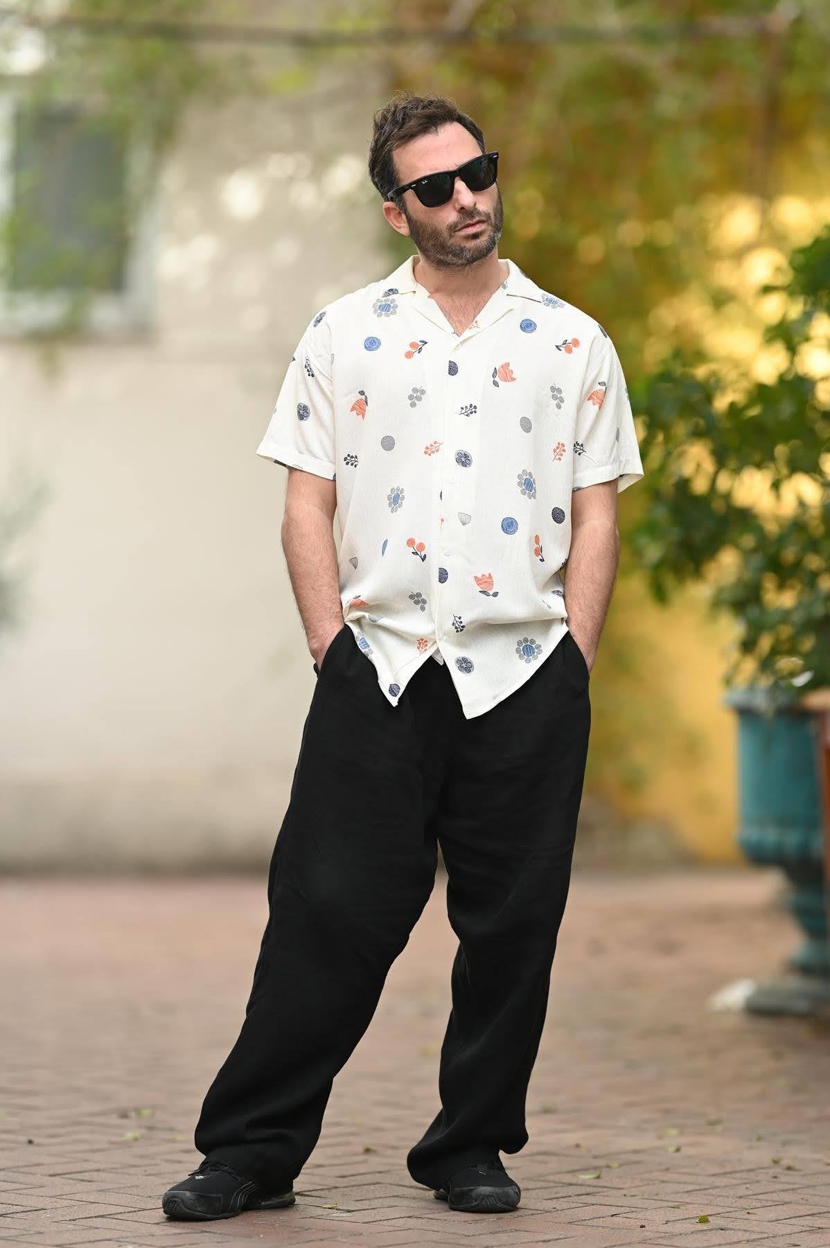 Ecru Patterned Short Sleeve Men's Shirt