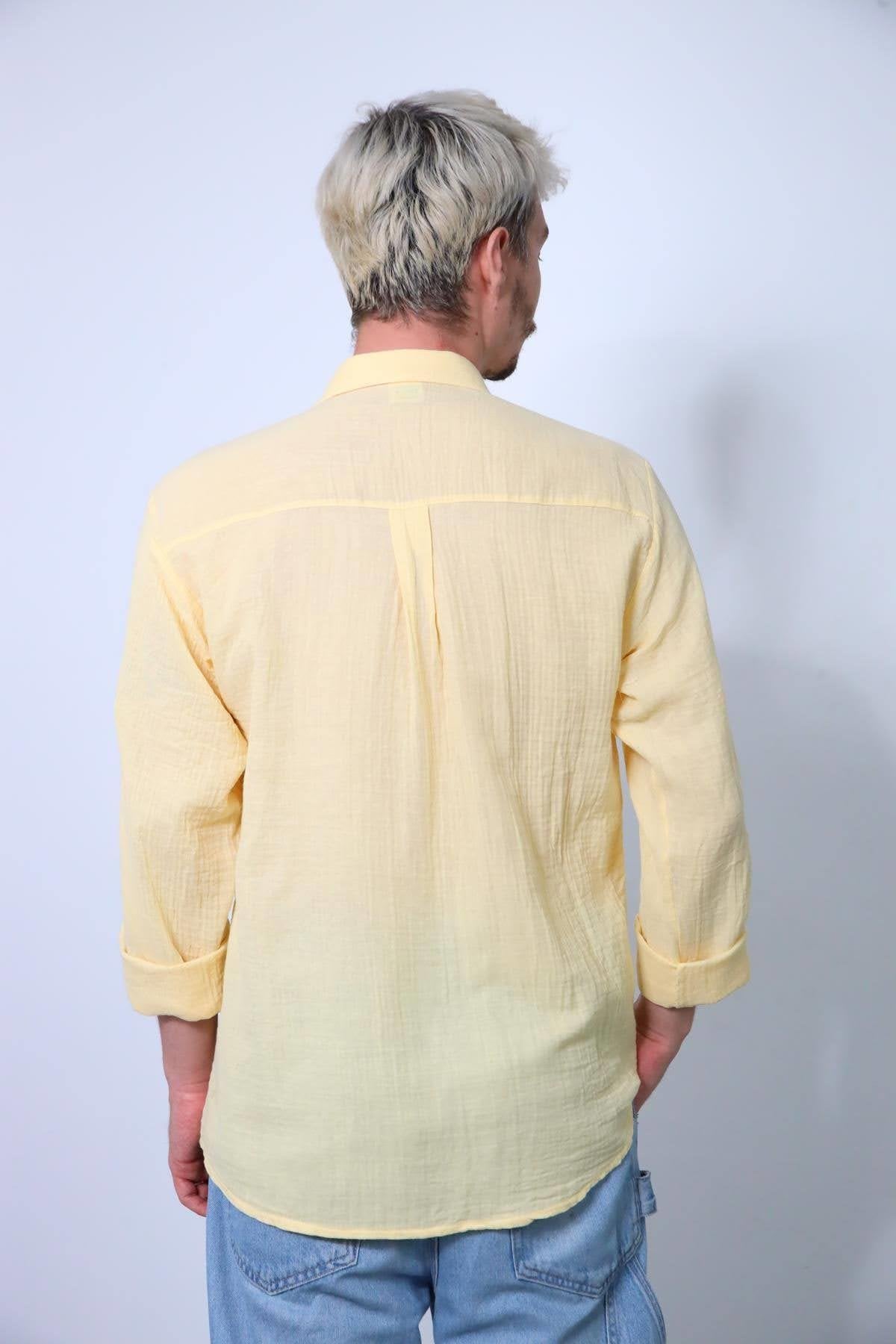 Lemon Yellow Men's Muslin Shirt with Epauletted Sleeves