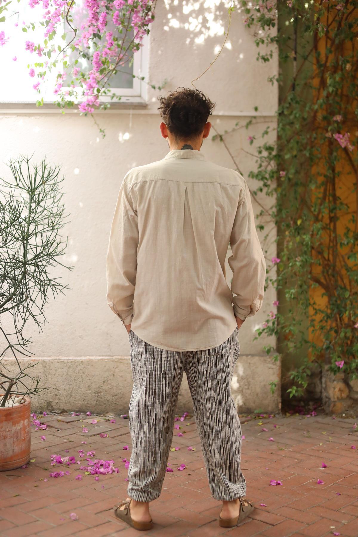 Beige Large Pocket Tasseled Patchwork Men's Shirt