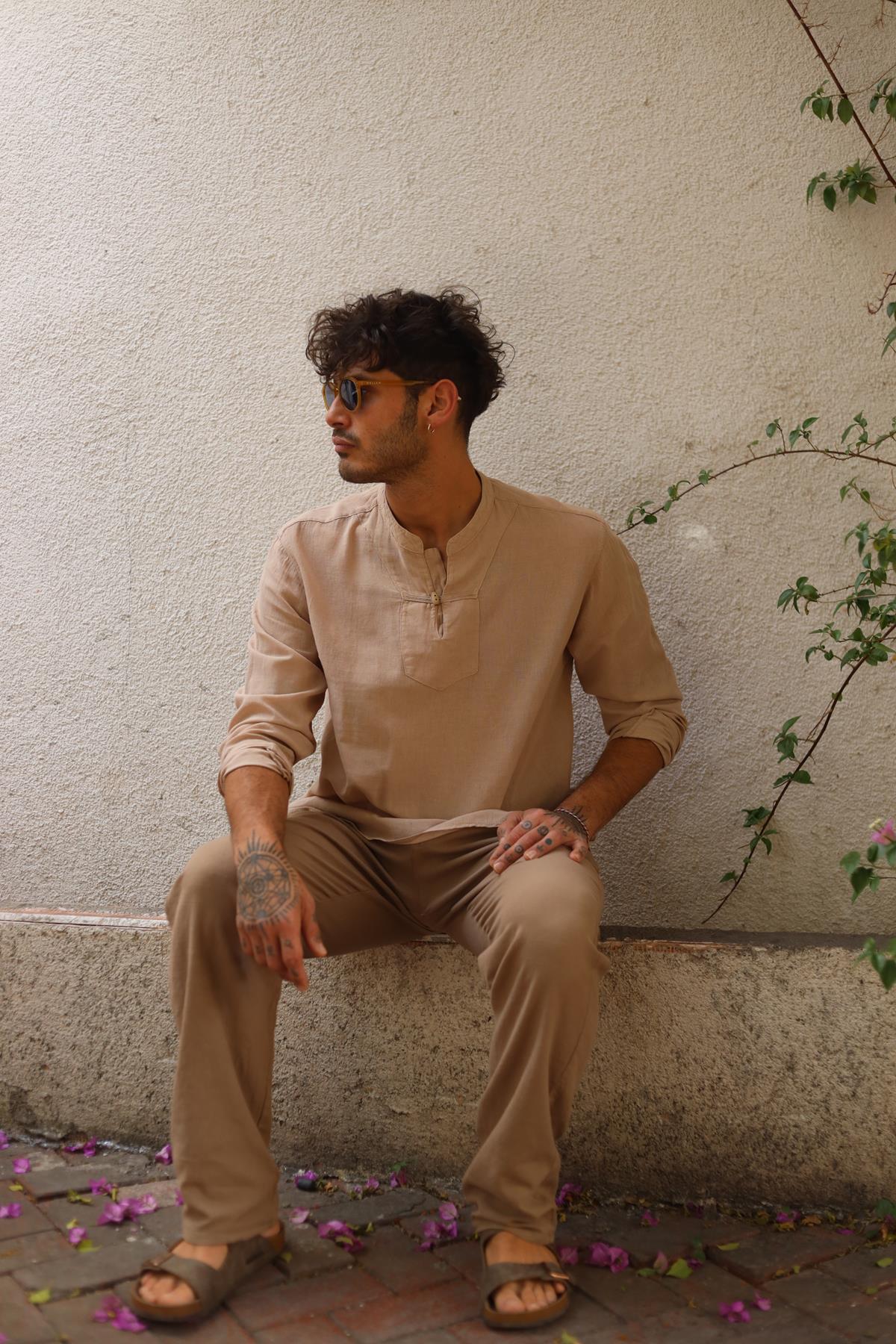 Beige Single Button Men's Shirt