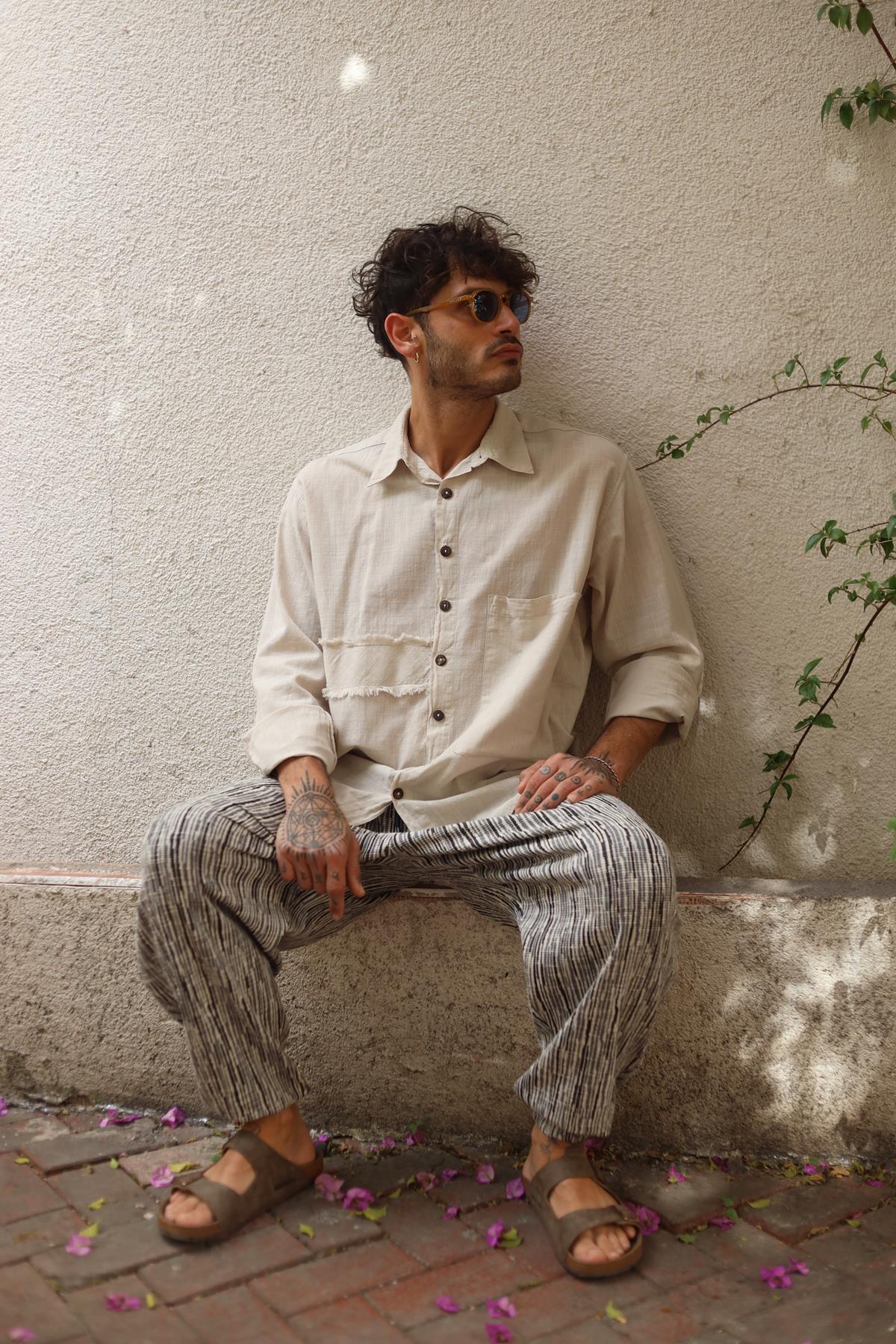 Beige Large Pocket Tasseled Patchwork Men's Shirt