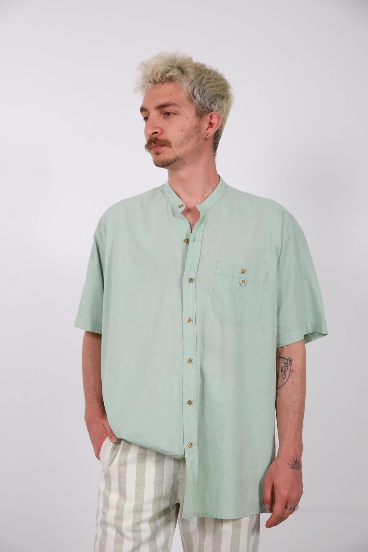 Sea Green Mandarin Collar Pocket Detailed Short Sleeve Men's Shirt