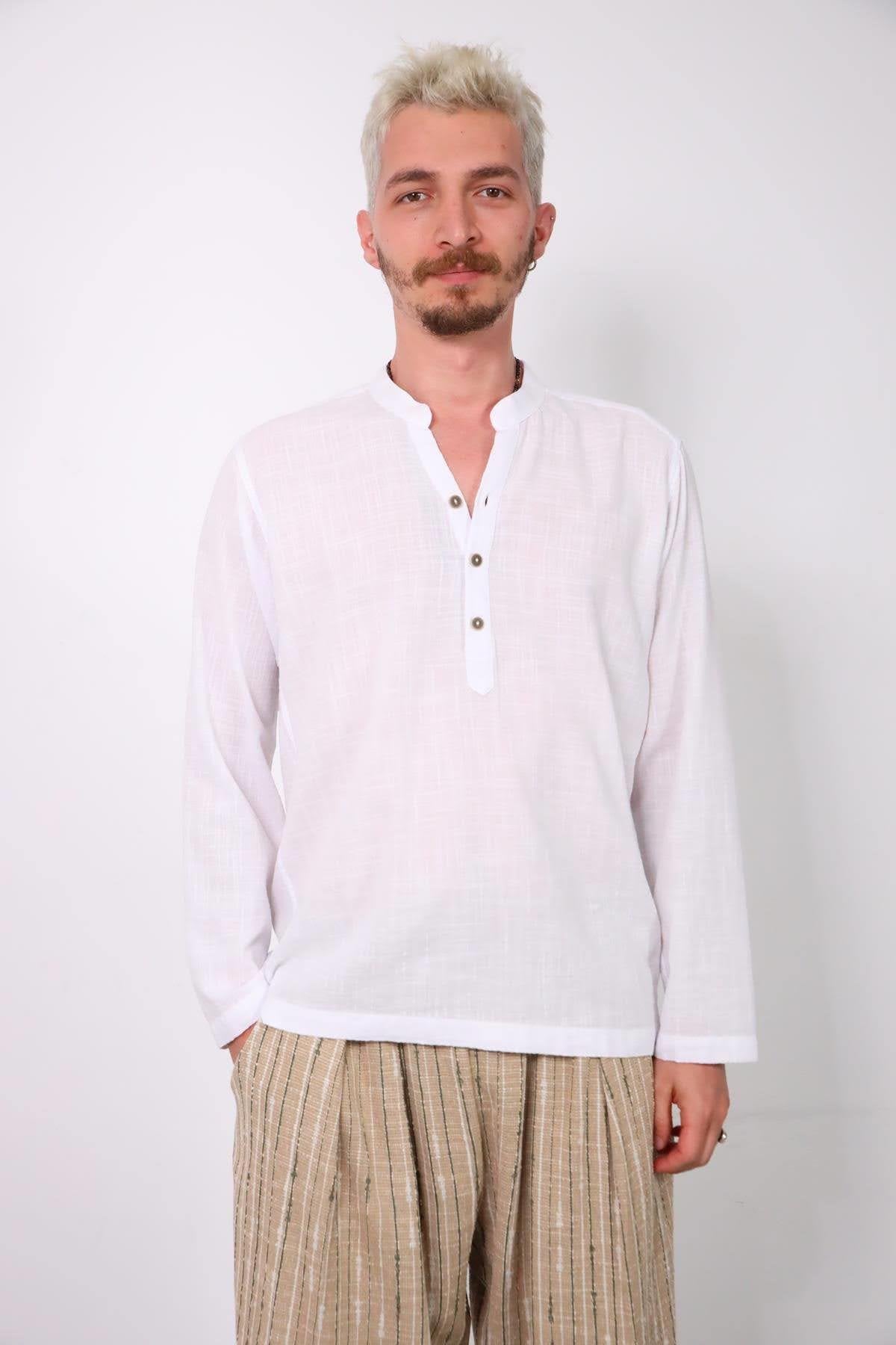 White Mandarin Collar Half-Button Men's Shirt