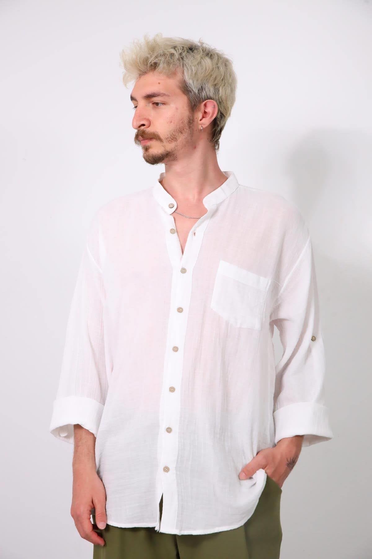 White Mandarin Collar Muslin Men's Shirt