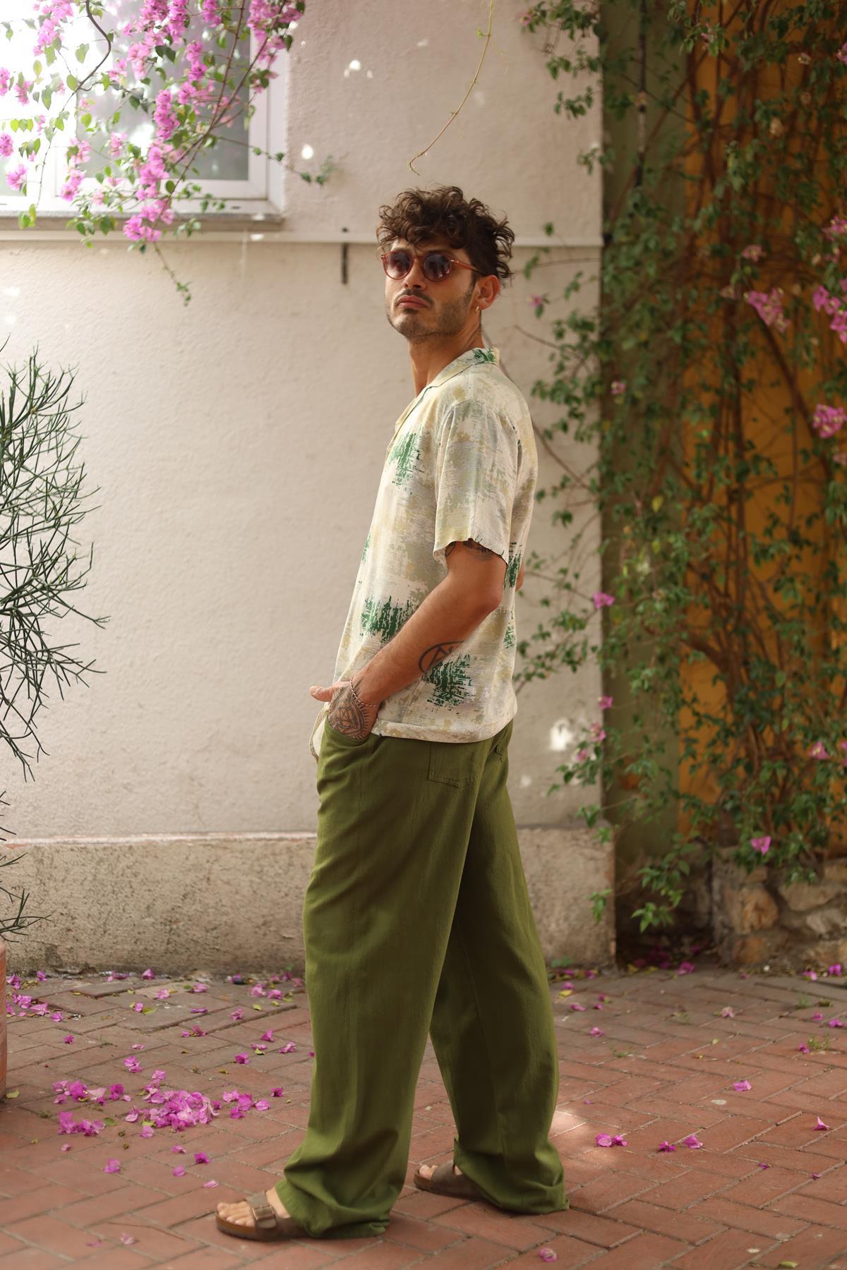 Green Patterned Short Sleeve Men's Shirt