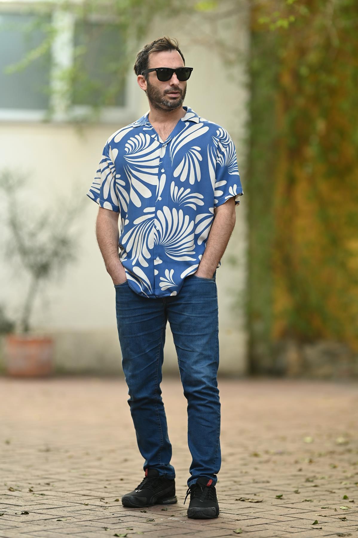 Indigo Blue Patterned Short Sleeve Men's Shirt