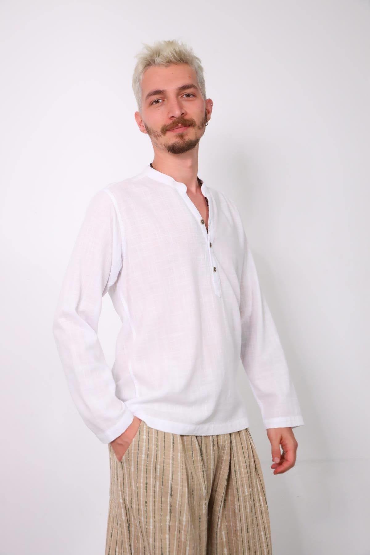 White Mandarin Collar Half-Button Men's Shirt