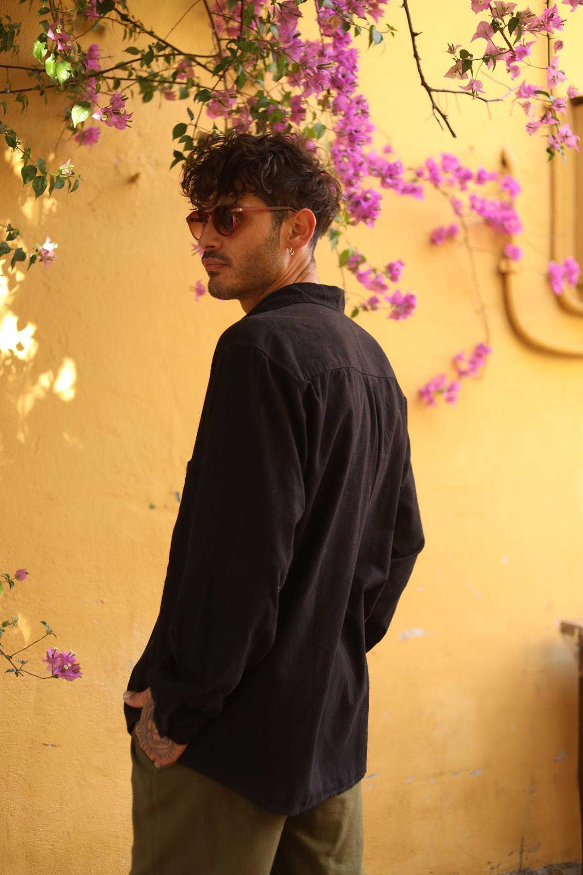 Black Men's Shirt with Large Pockets and Tassels