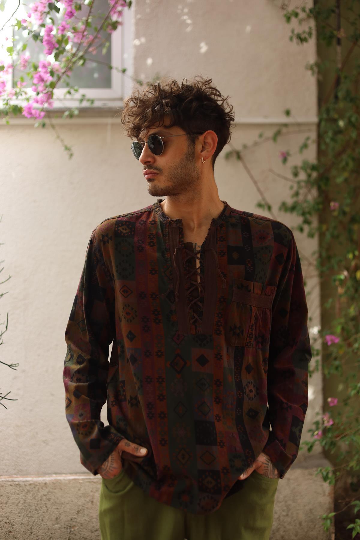 Brown Printed Lace-Up Collar Men's Shirt