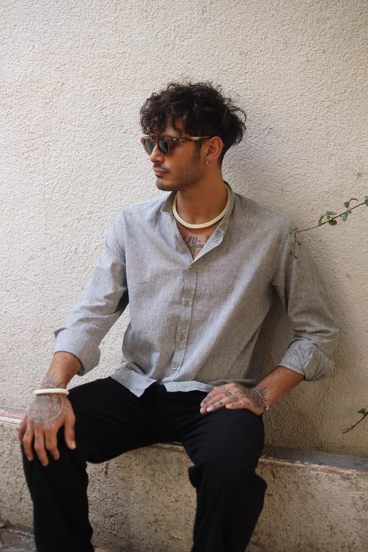 Gray Mandarin Collar Long Sleeve Men's Linen Shirt