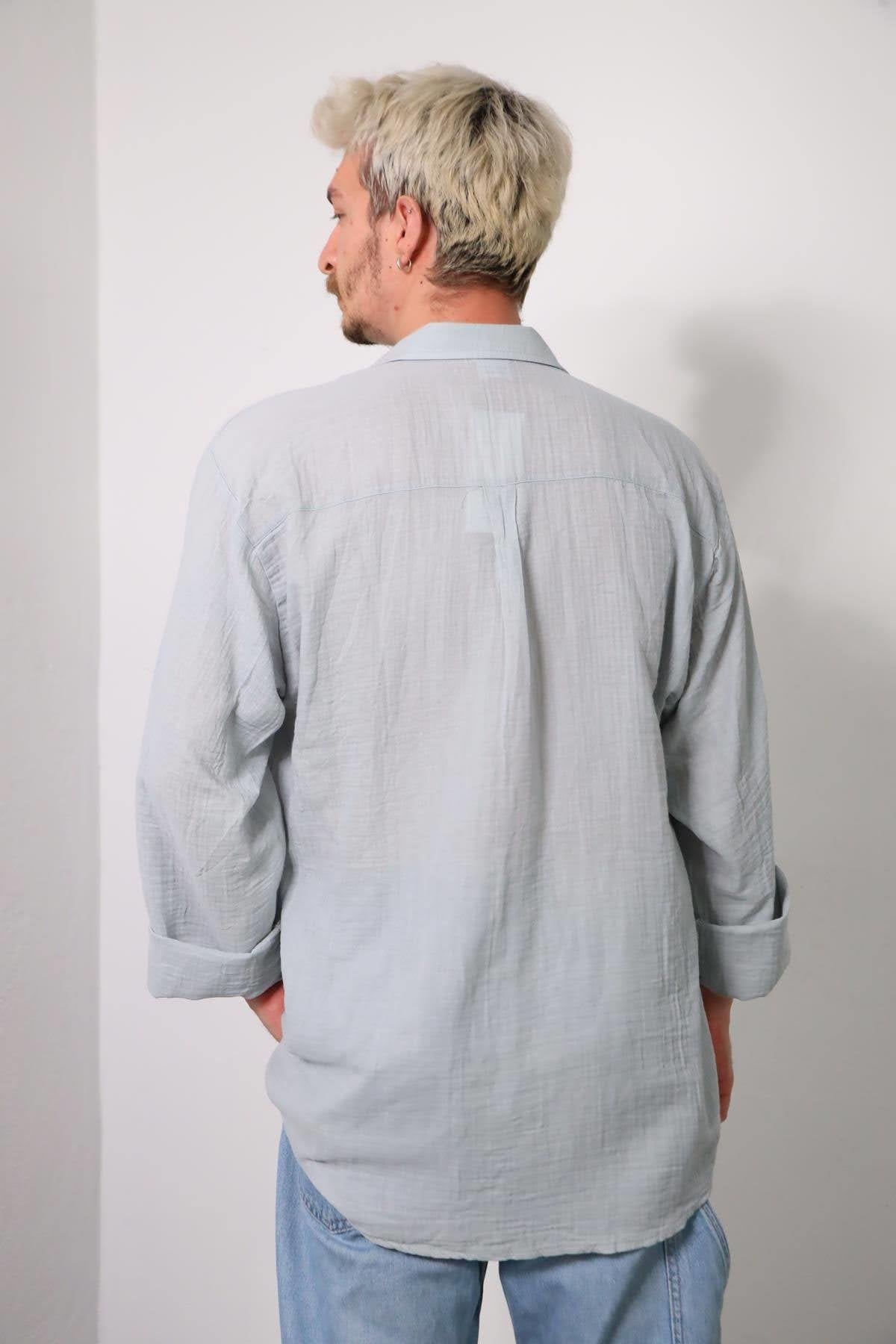 Gray Men's Muslin Shirt with Epauletted Sleeves