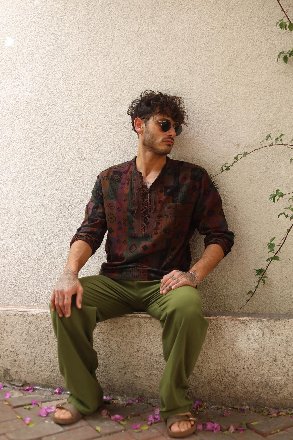 Brown Printed Lace-Up Collar Men's Shirt