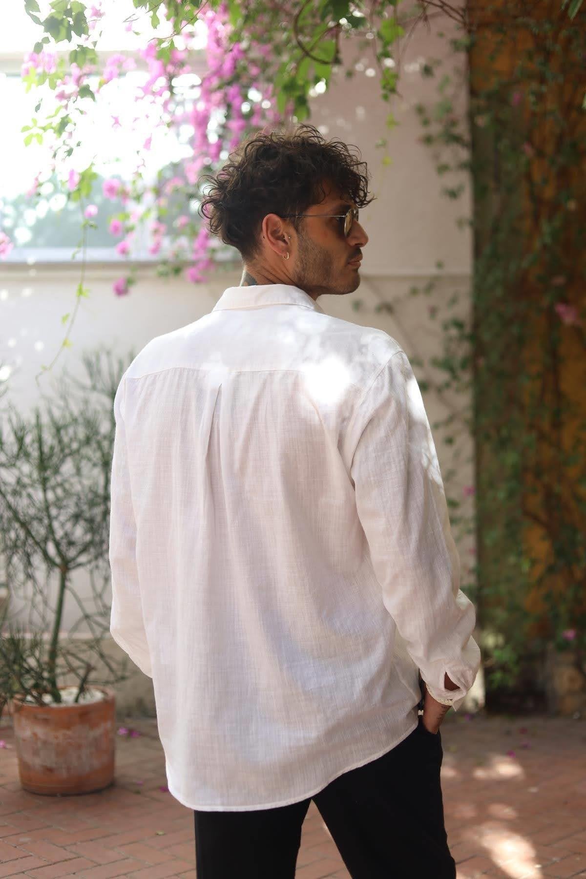 White Large Pocket Tasseled Patchwork Men's Shirt