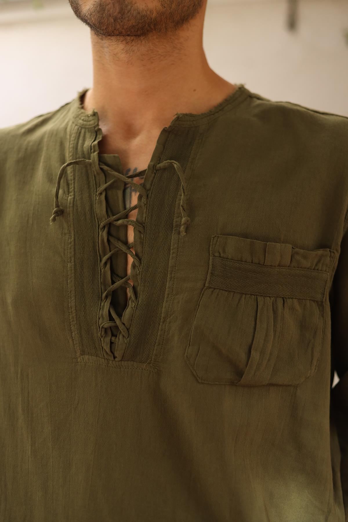 Khaki Lace-Up Bohemian Men's Shirt