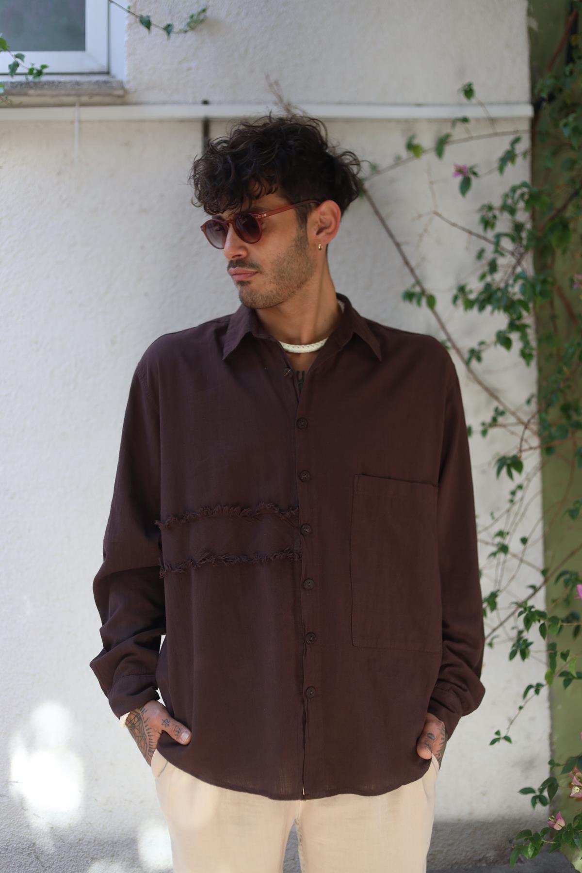 Brown Large Pocket Tasseled Patched Men's Shirt