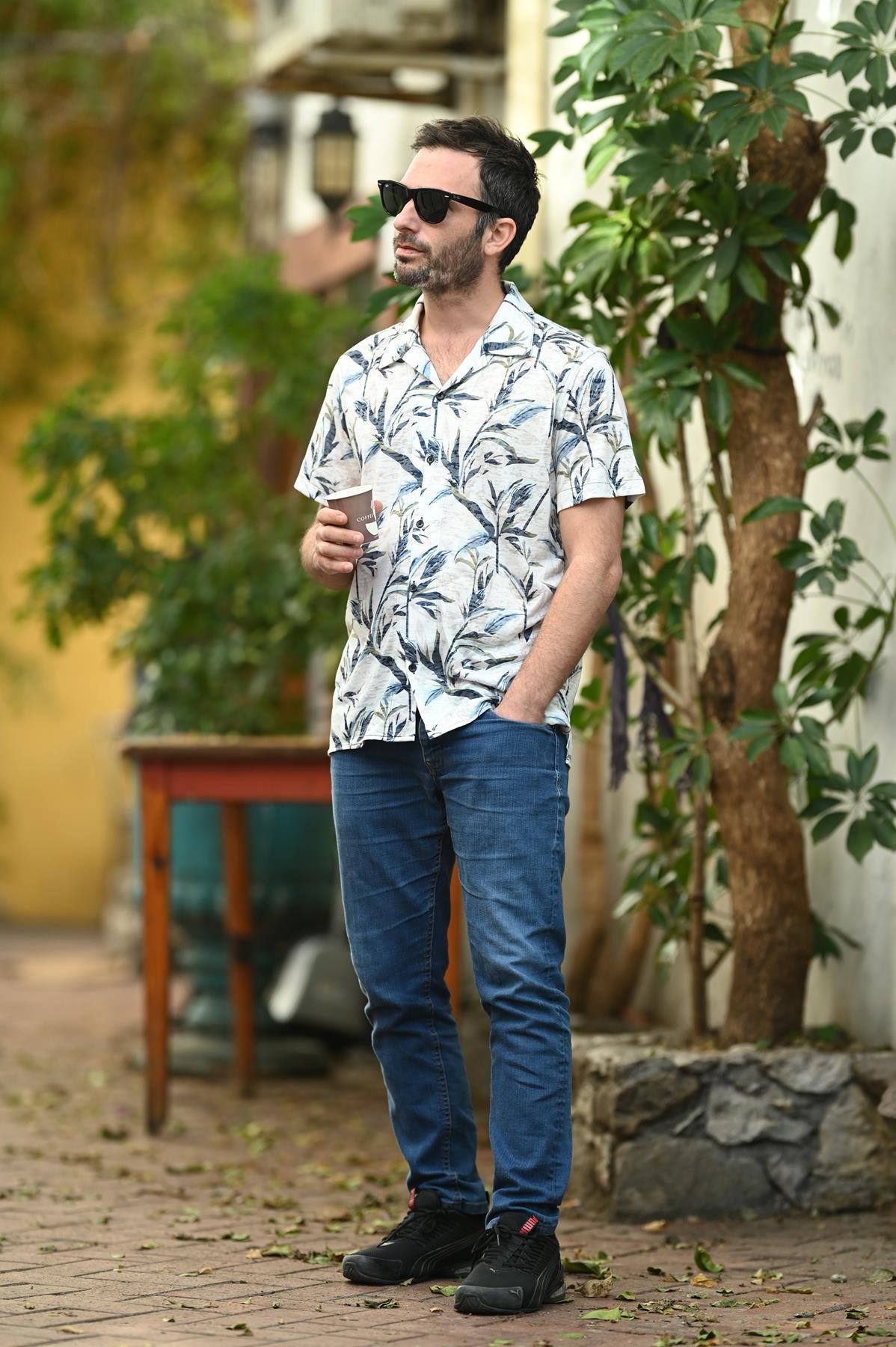 White Leaf Patterned Men's Shirt