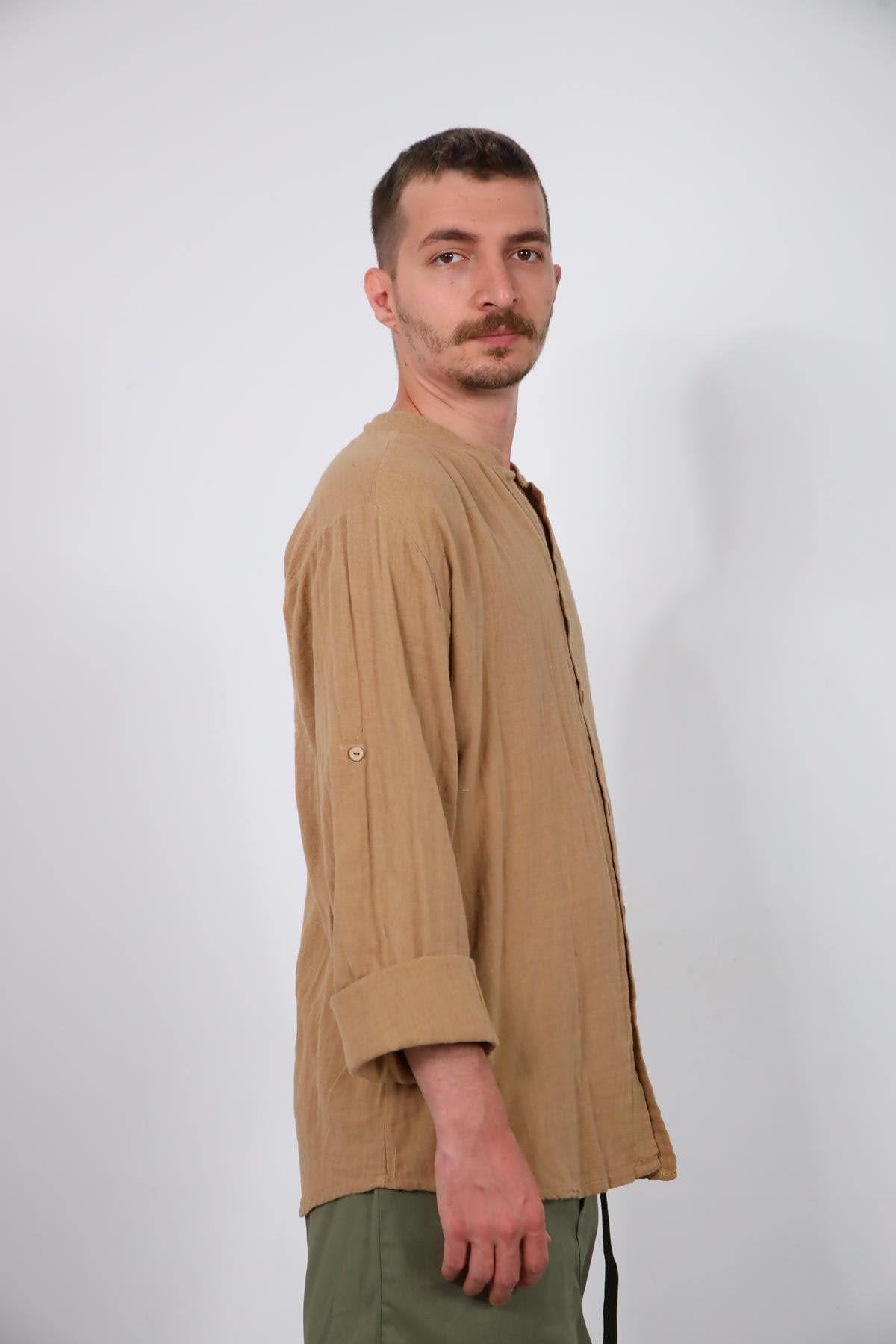 Milky Coffee Mandarin Collar Muslin Shirt