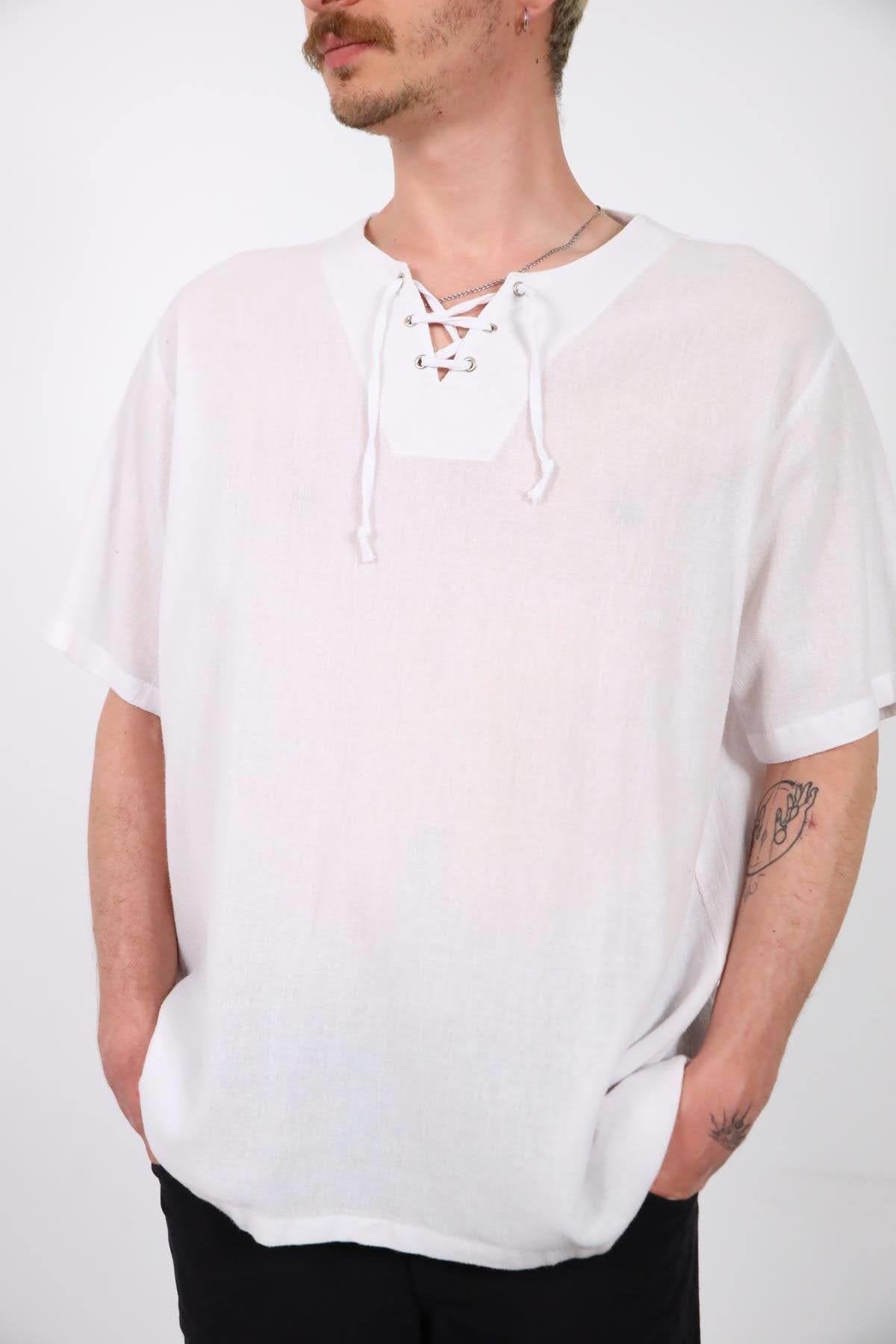 White Tie-Neck Short Sleeve Men's Shirt
