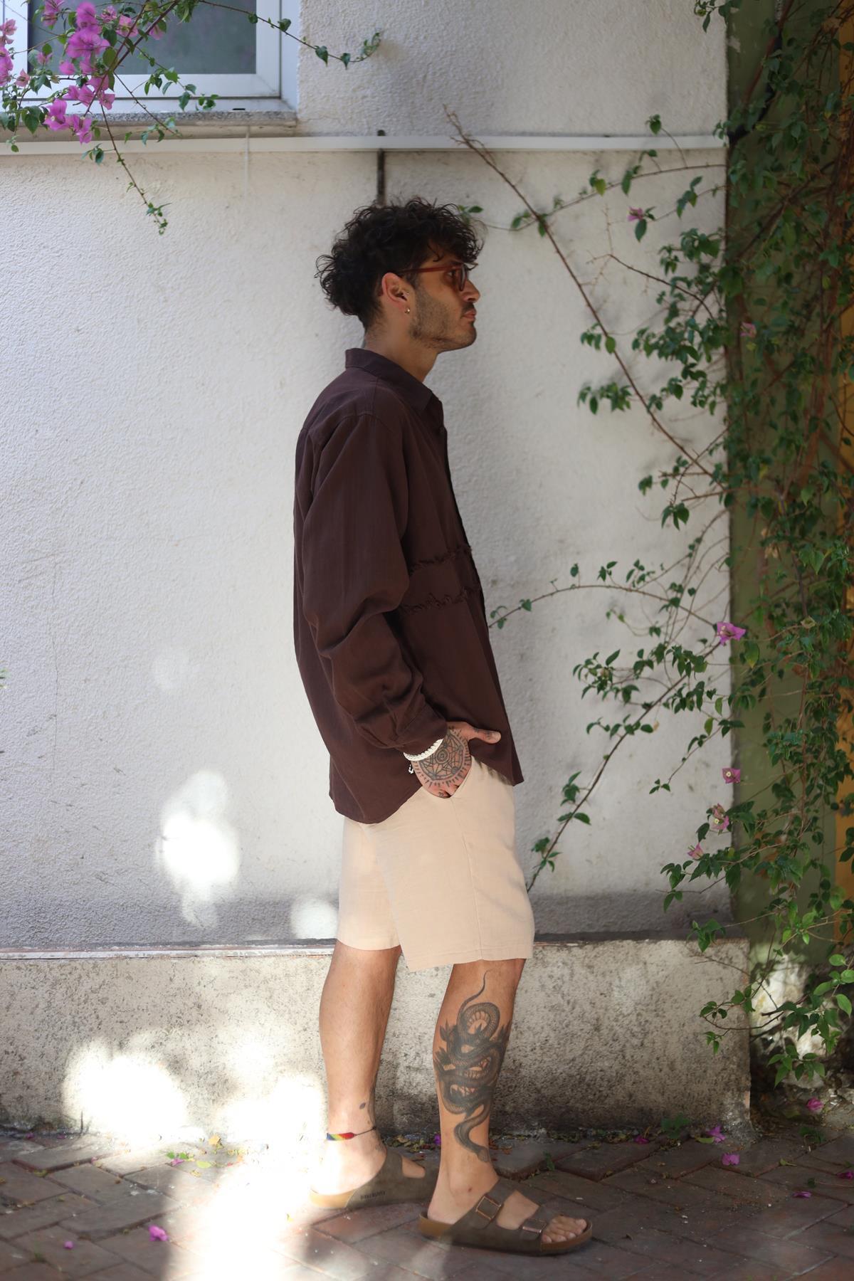 Brown Large Pocket Tasseled Patched Men's Shirt