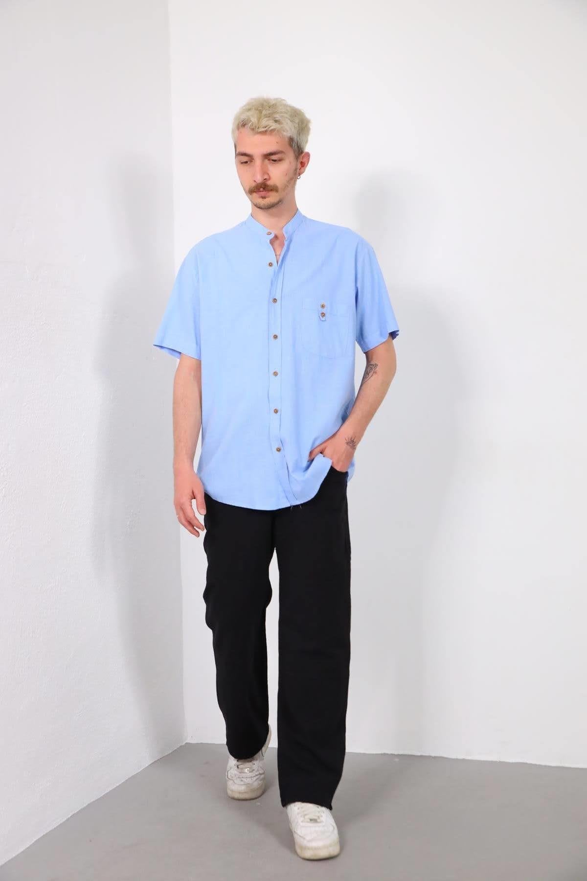 Blue Judge Collar Pocket Detailed Short Sleeve Men's Shirt