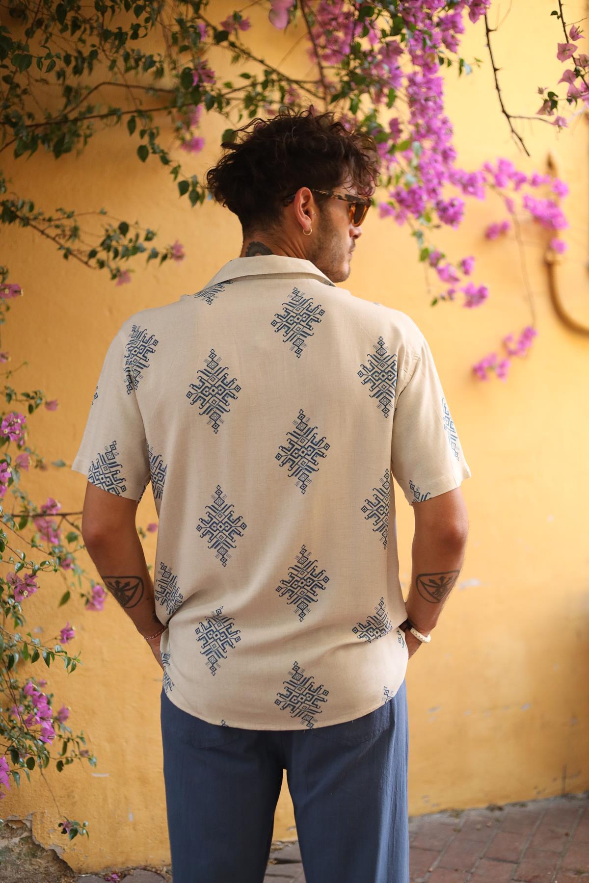 Stone Color Patterned Short Sleeve Men's Shirt