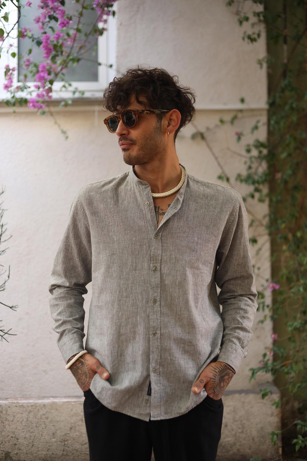 Gray Mandarin Collar Long Sleeve Men's Linen Shirt