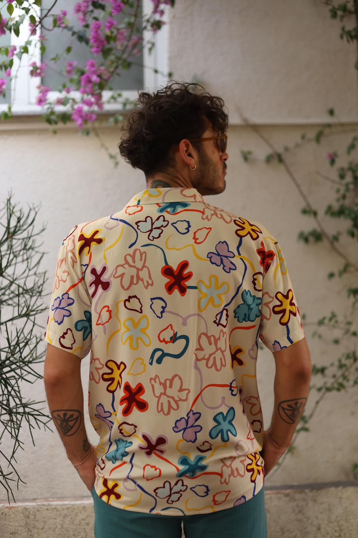 Cream Color Patterned Short Sleeve Men's Shirt