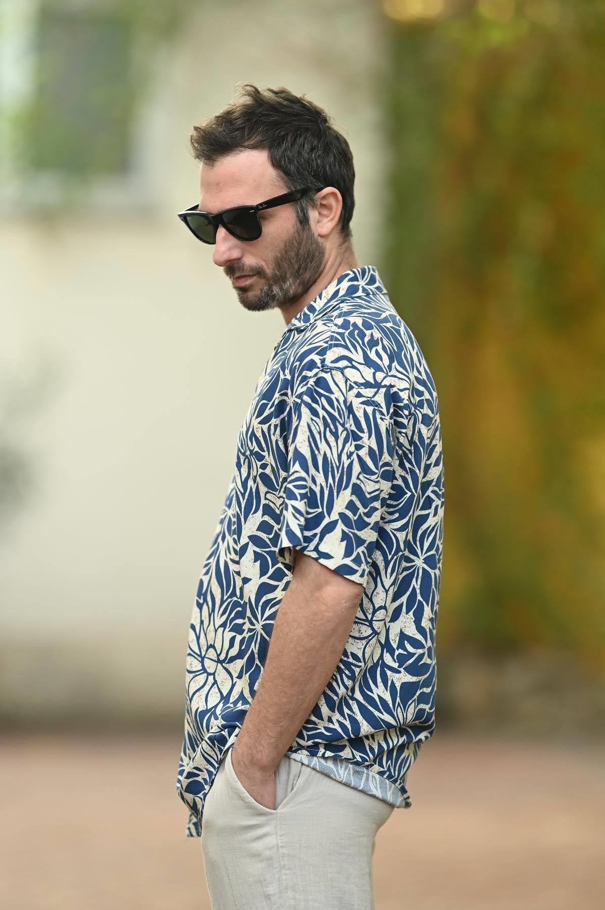 Navy Blue Patterned Short Sleeve Men's Shirt