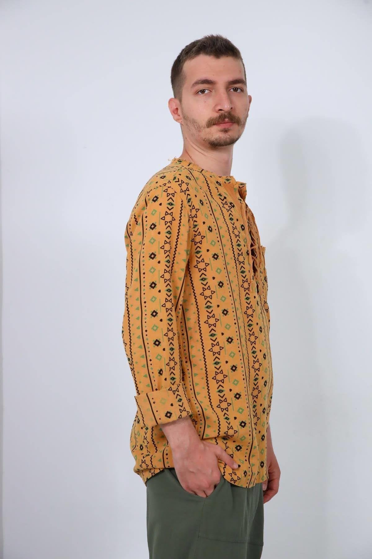 Mustard Color Lace-Up Printed Men's Shirt
