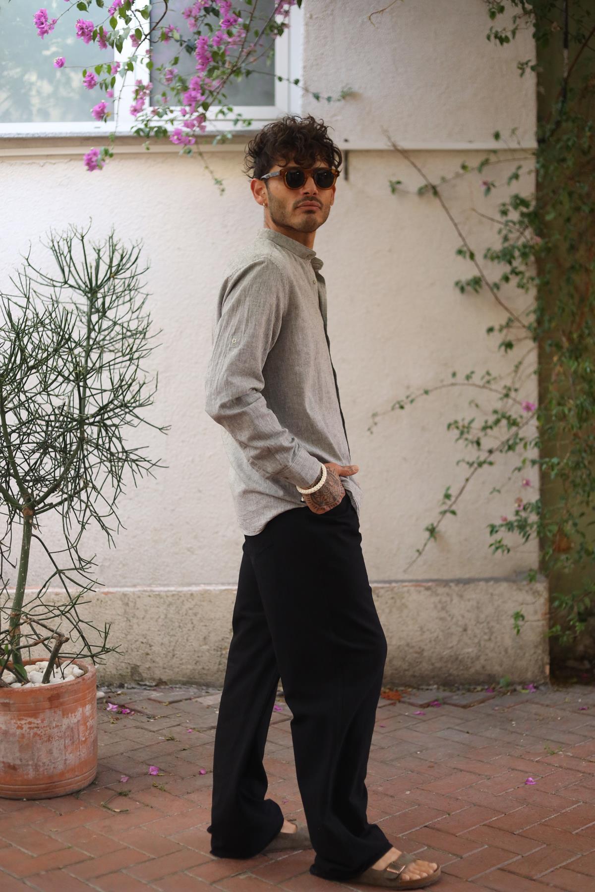 Gray Mandarin Collar Long Sleeve Men's Linen Shirt