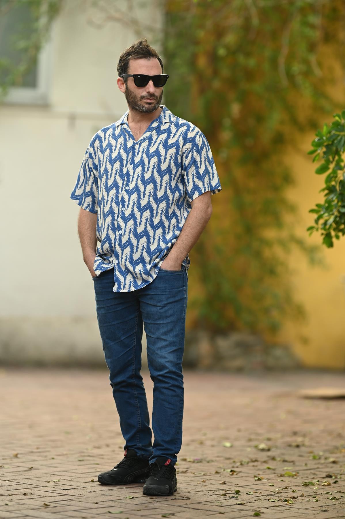 Indigo Blue Patterned Short Sleeve Men's Shirt