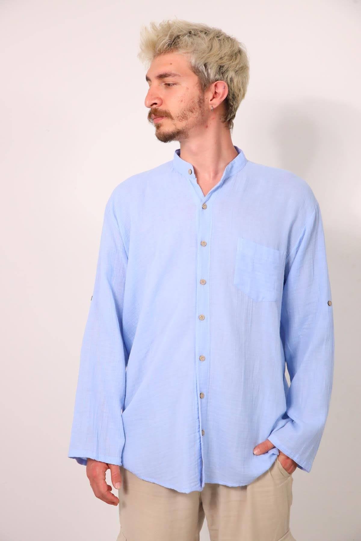 Blue Mandarin Collar Muslin Men's Shirt