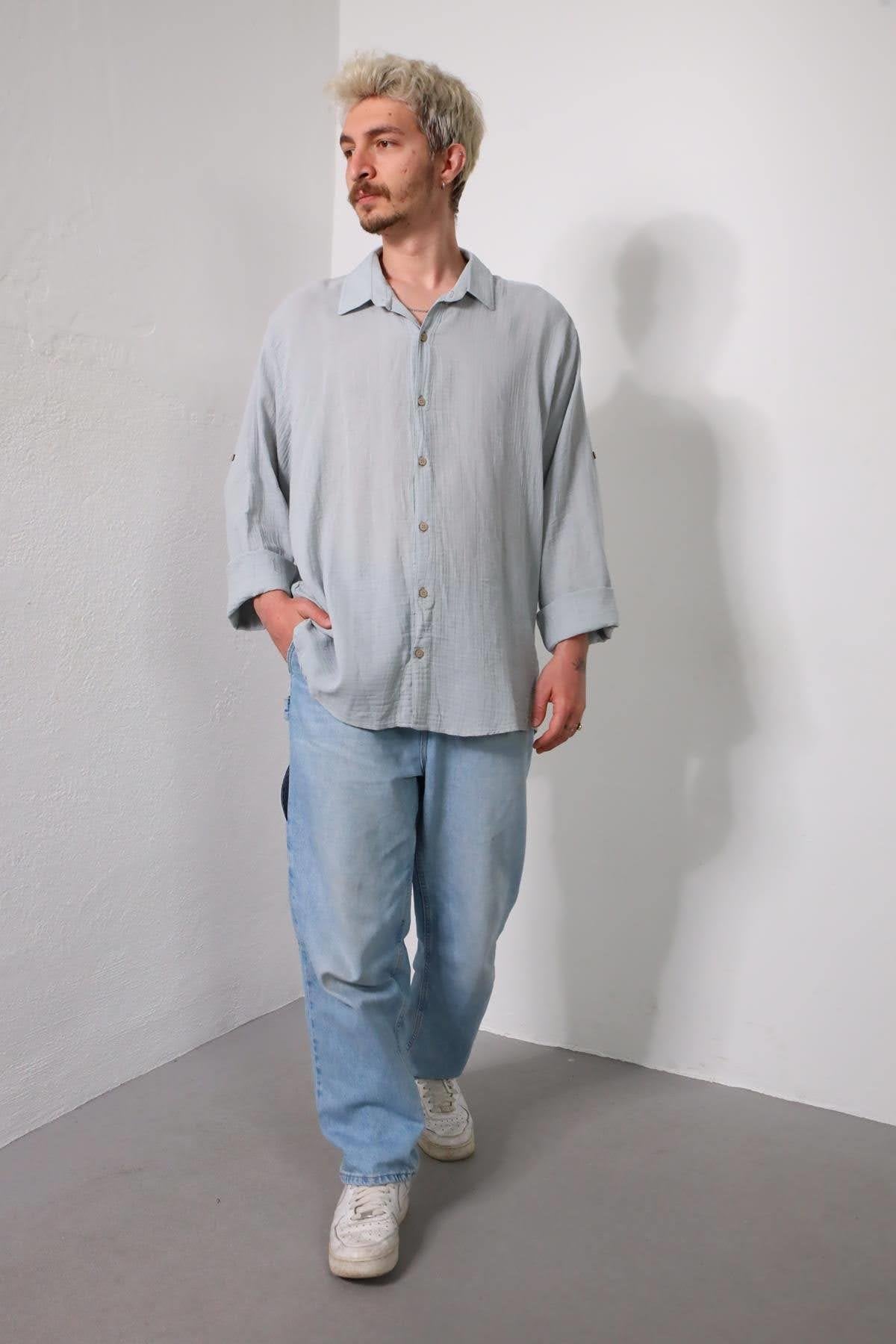 Gray Men's Muslin Shirt with Epauletted Sleeves