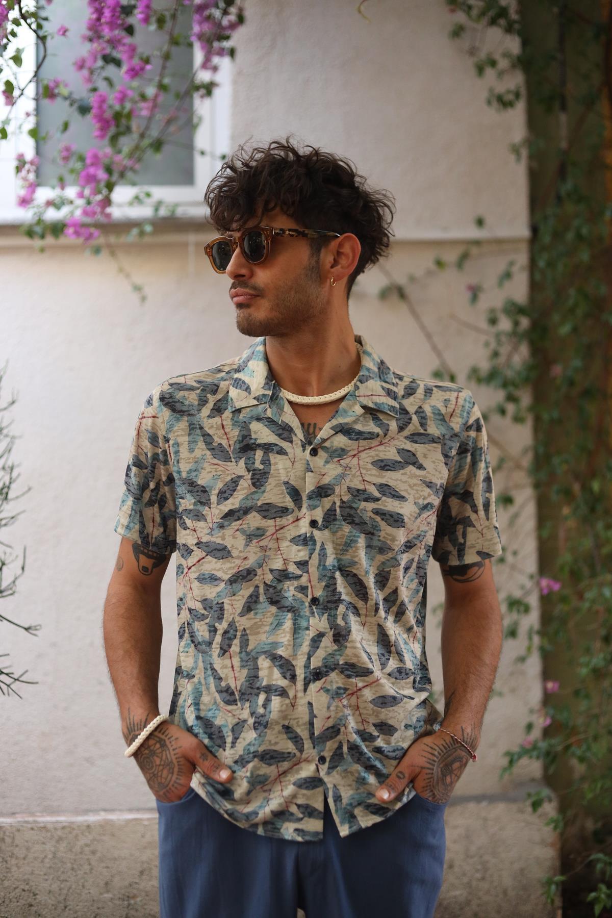 Light Khaki Leaf Patterned Men's Shirt