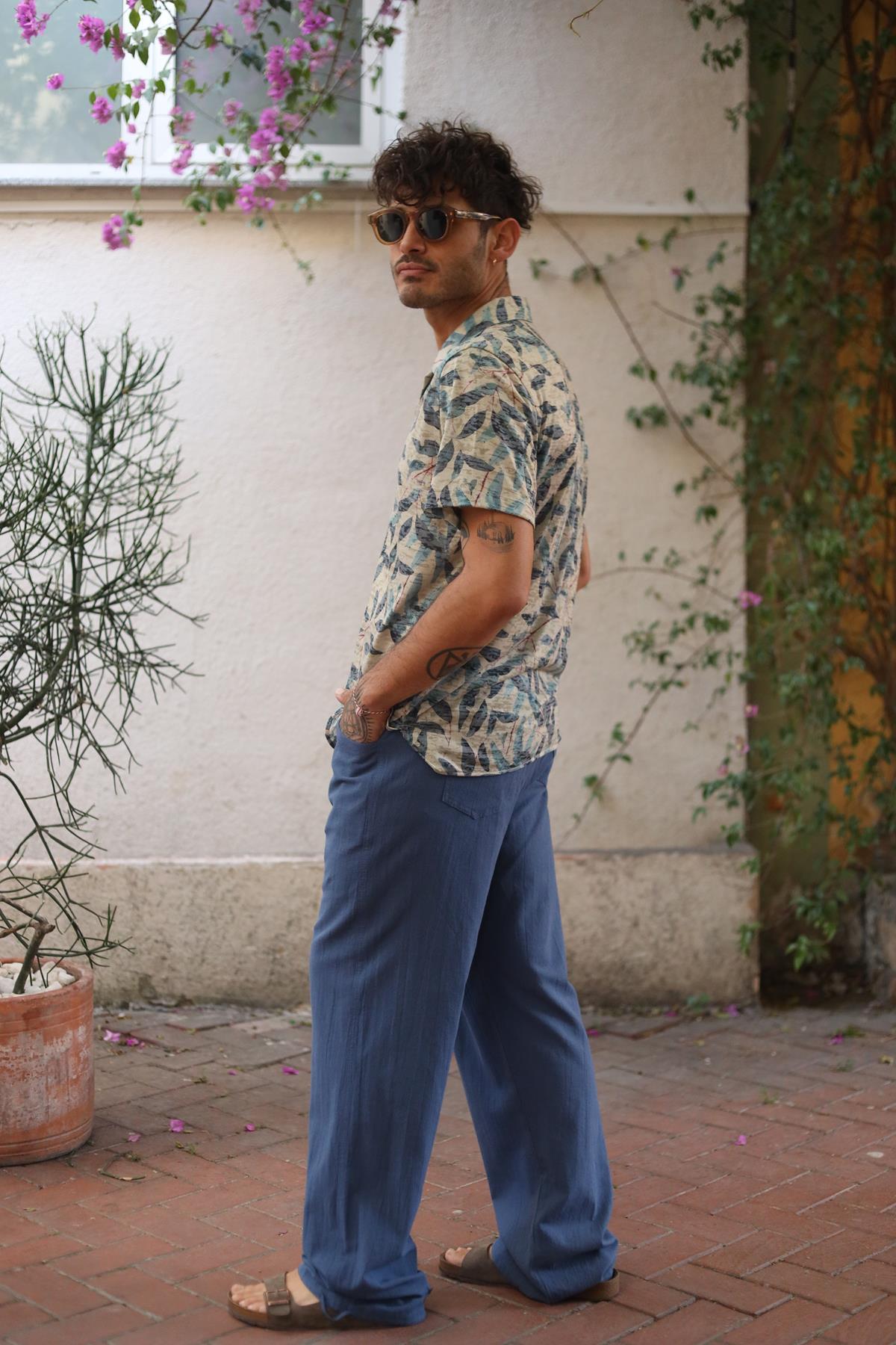 Light Khaki Leaf Patterned Men's Shirt