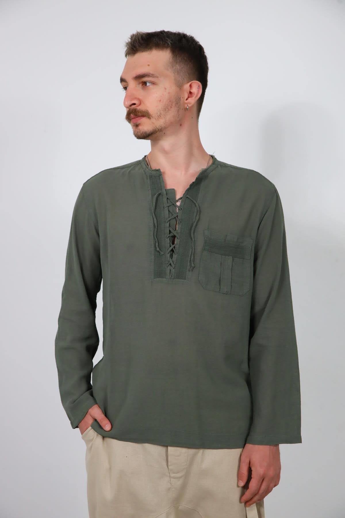 Khaki Lace-Up Bohemian Men's Shirt