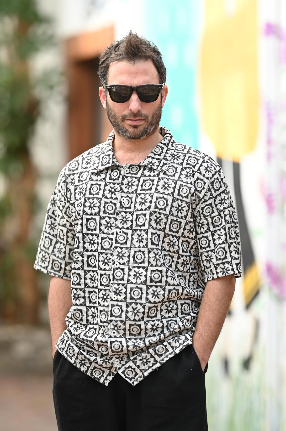 Black and White Patterned Short Sleeve Bohemian Shirt