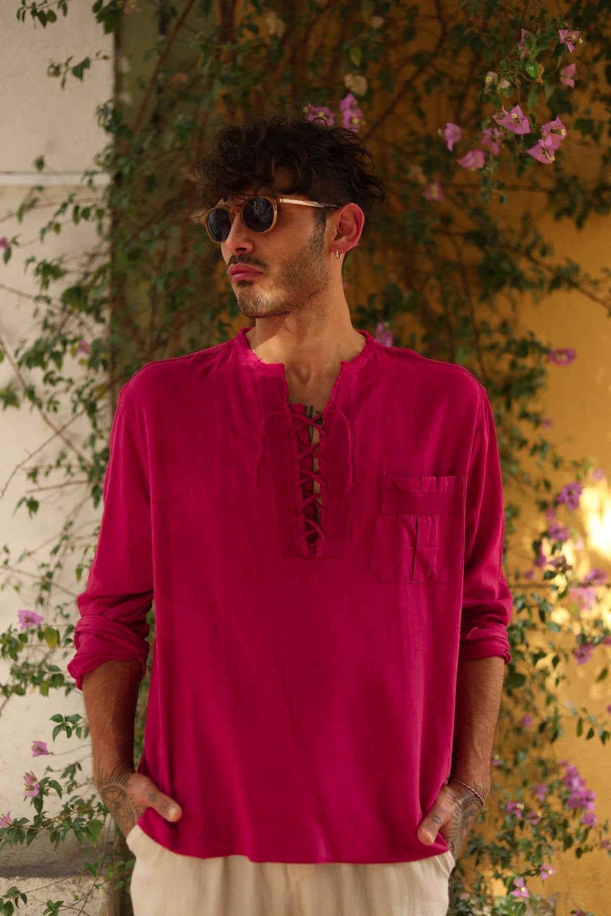 Men's Fuchsia Lace-Up Henley Shirt - Long Sleeve Casual