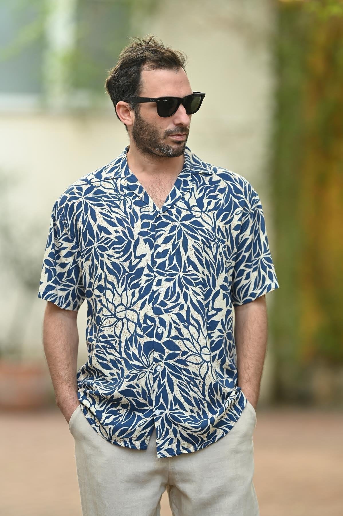 Navy Blue Patterned Short Sleeve Men's Shirt