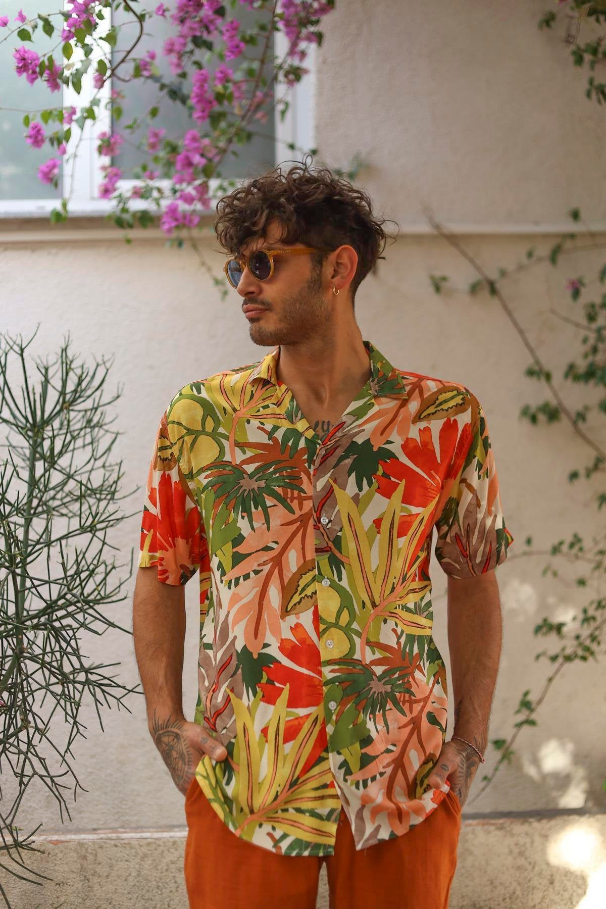 Colorful Patterned Short Sleeve Men's Shirt