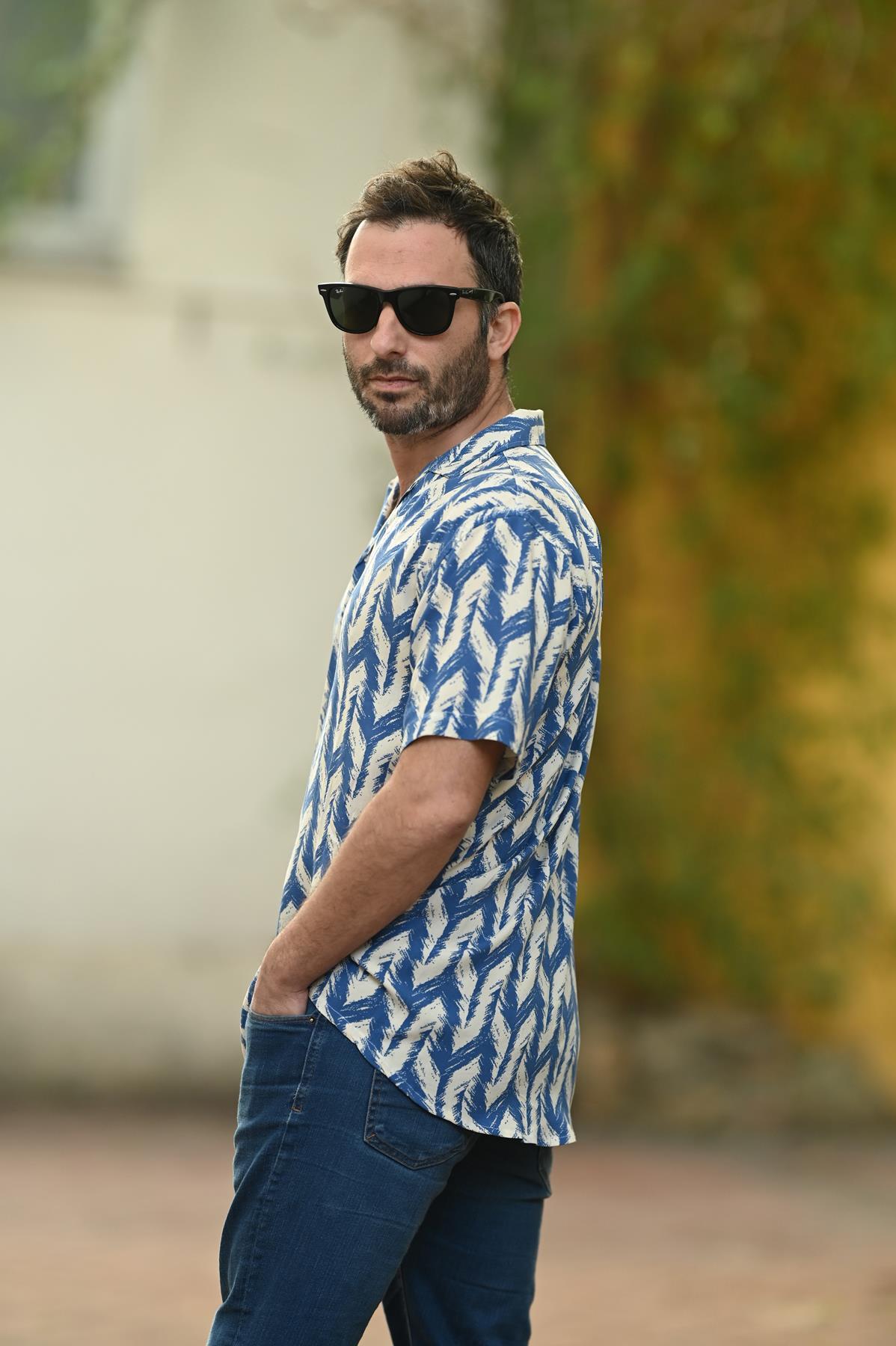 Indigo Blue Patterned Short Sleeve Men's Shirt