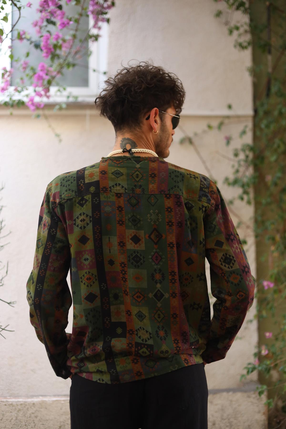 Khaki Printed Lace-Up Collar Men's Shirt