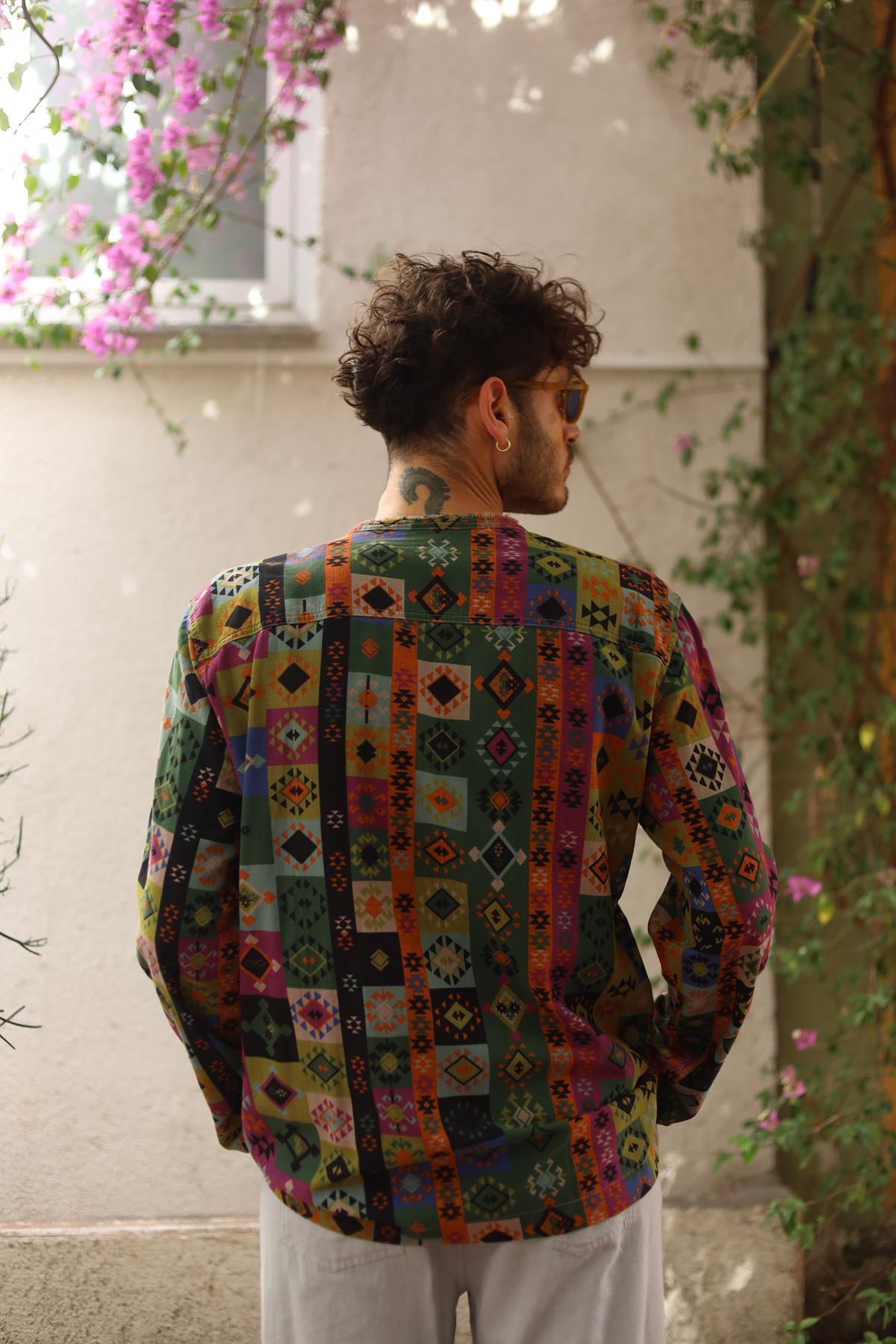 Mink Color Printed Lace-Up Collar Men's Shirt