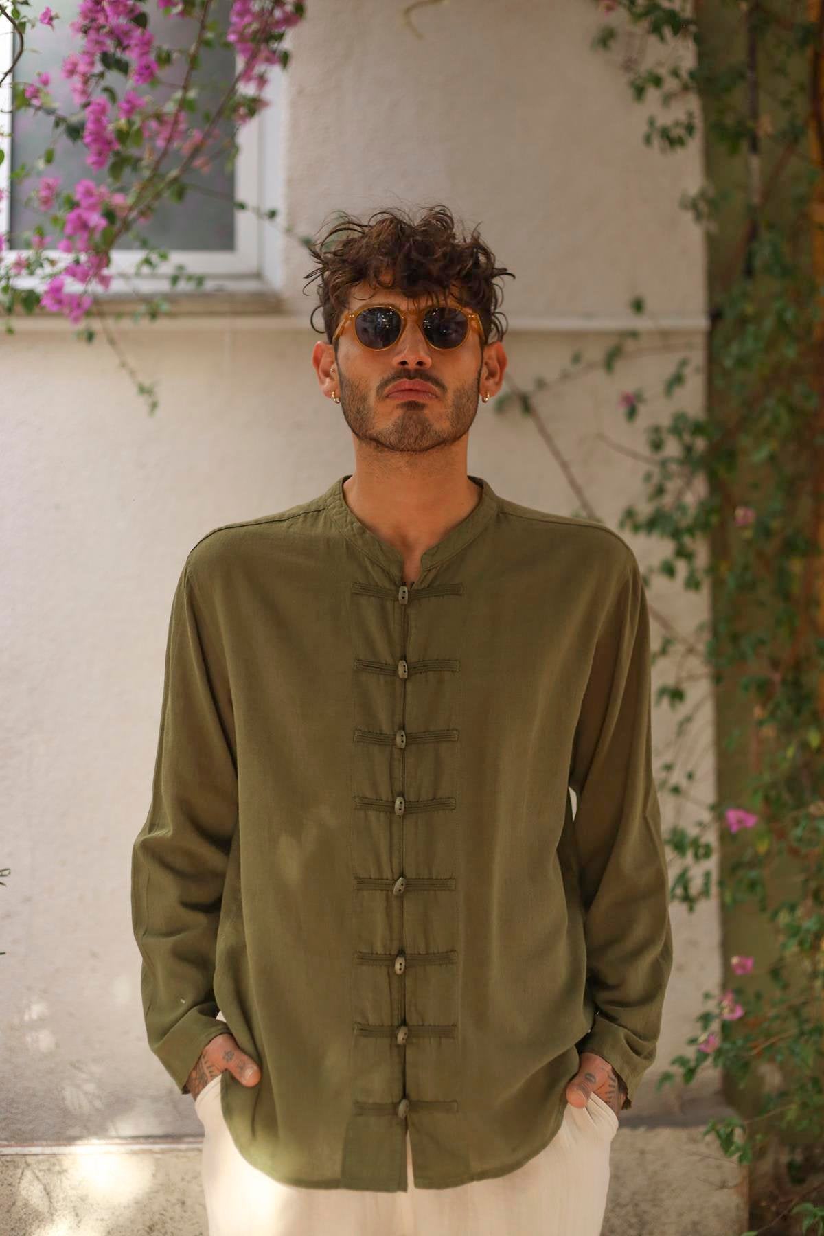 Khaki Judge Collar Button Detailed Men's Shirt