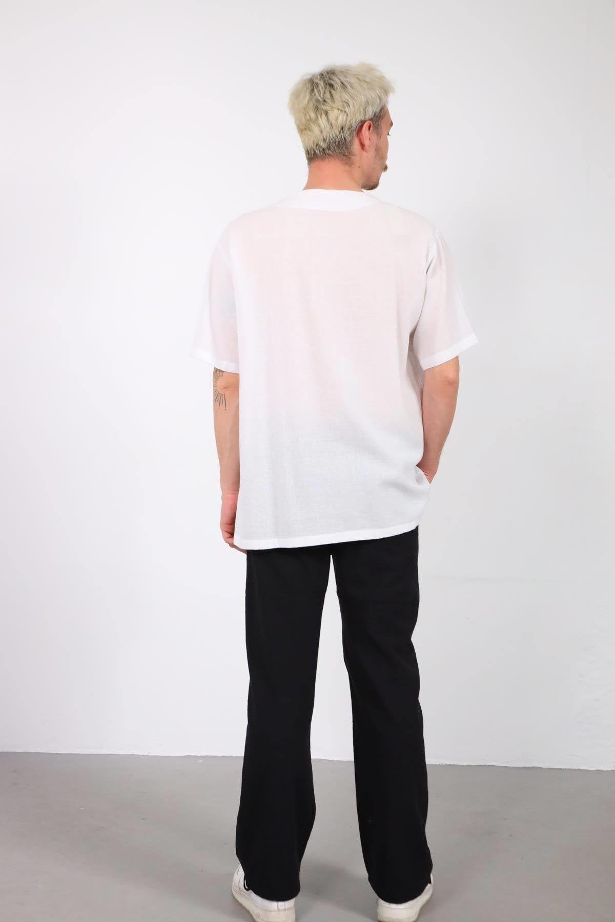 White Tie-Neck Short Sleeve Men's Shirt