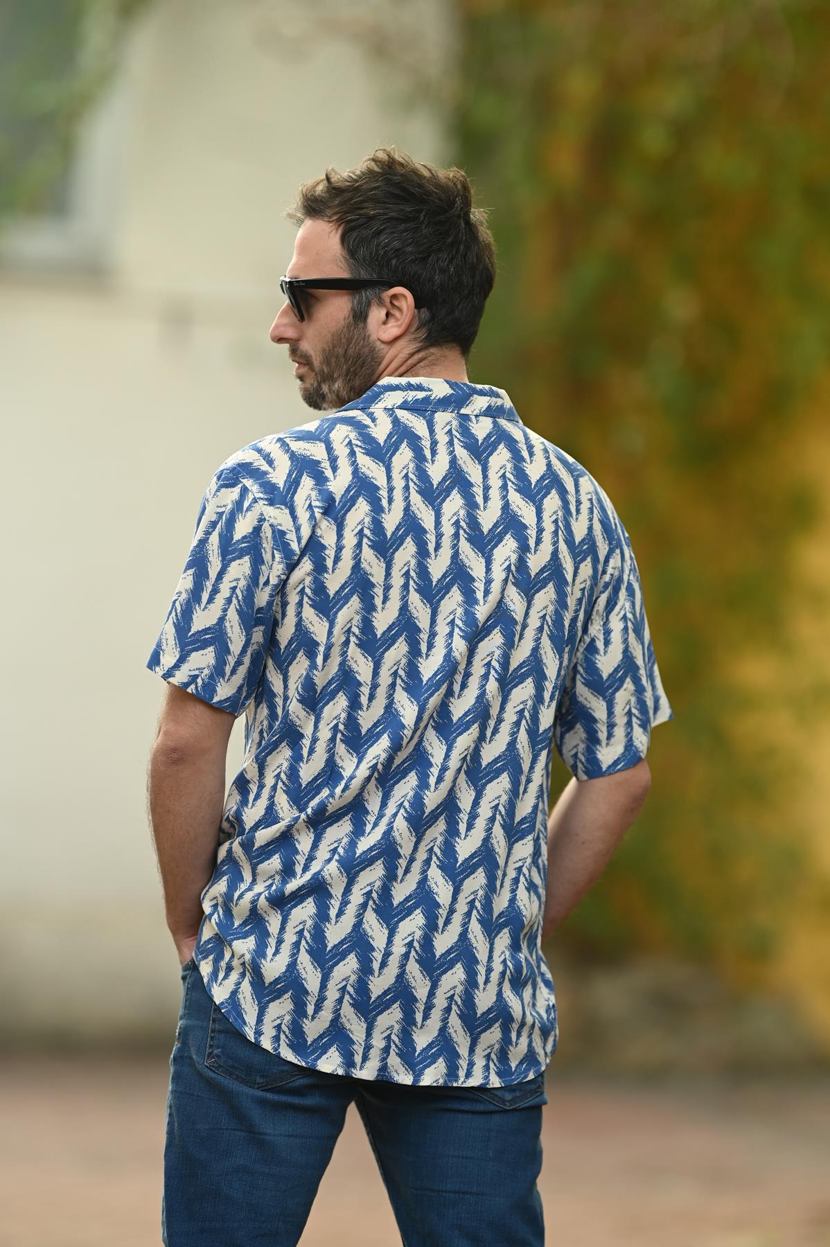 Indigo Blue Patterned Short Sleeve Men's Shirt